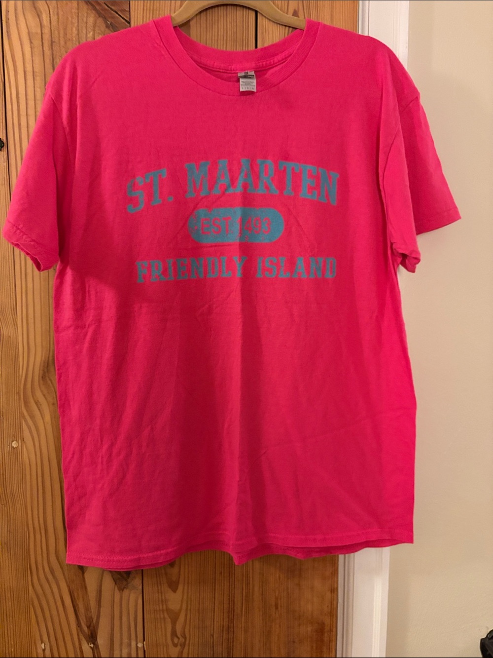 Gildan St. Maarten Friendly Island Graphic Tee - Hot Pink with Teal Print